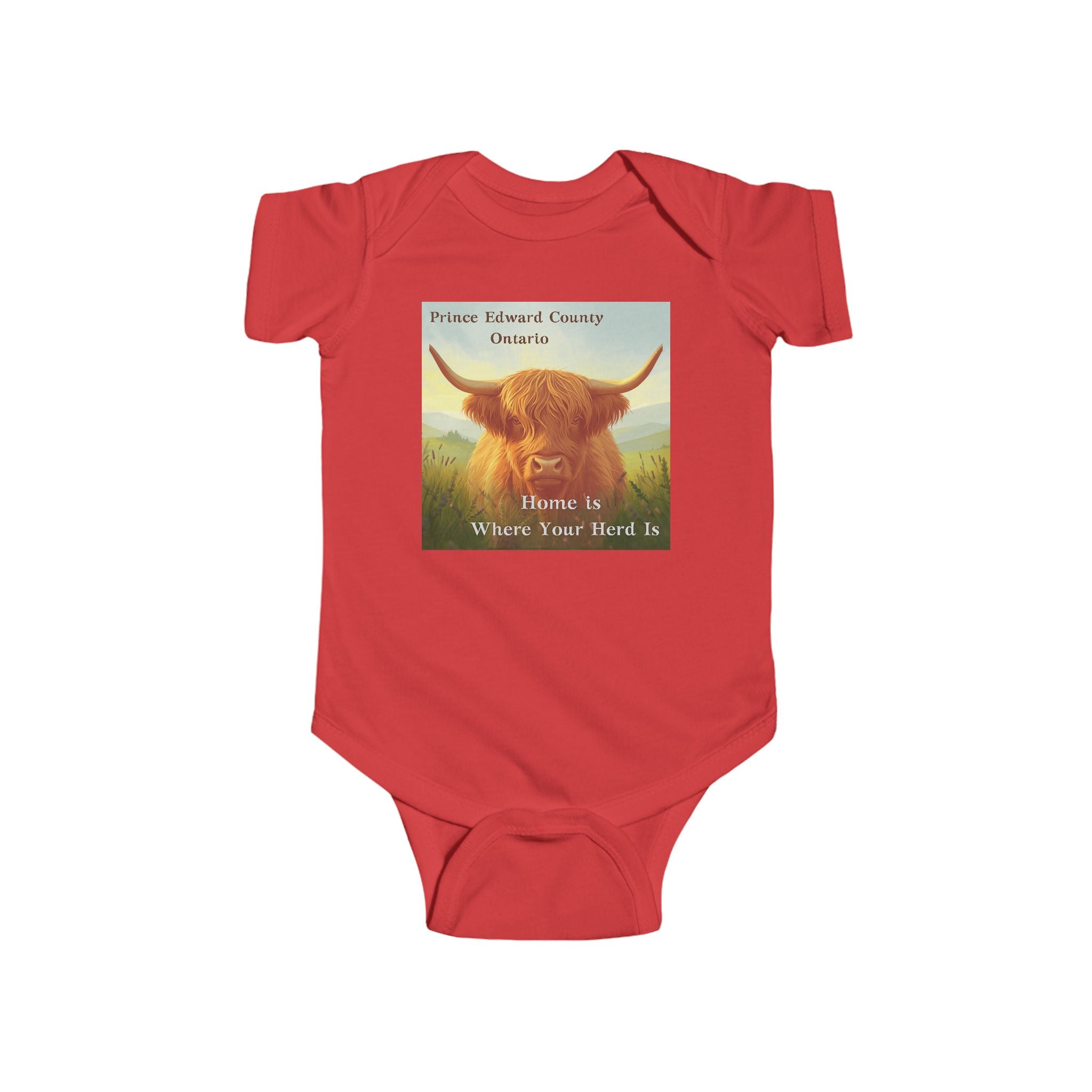 ‘Home Is Where Your Herd Is’  Highland Cow Prince Edward County Infant Onesie
