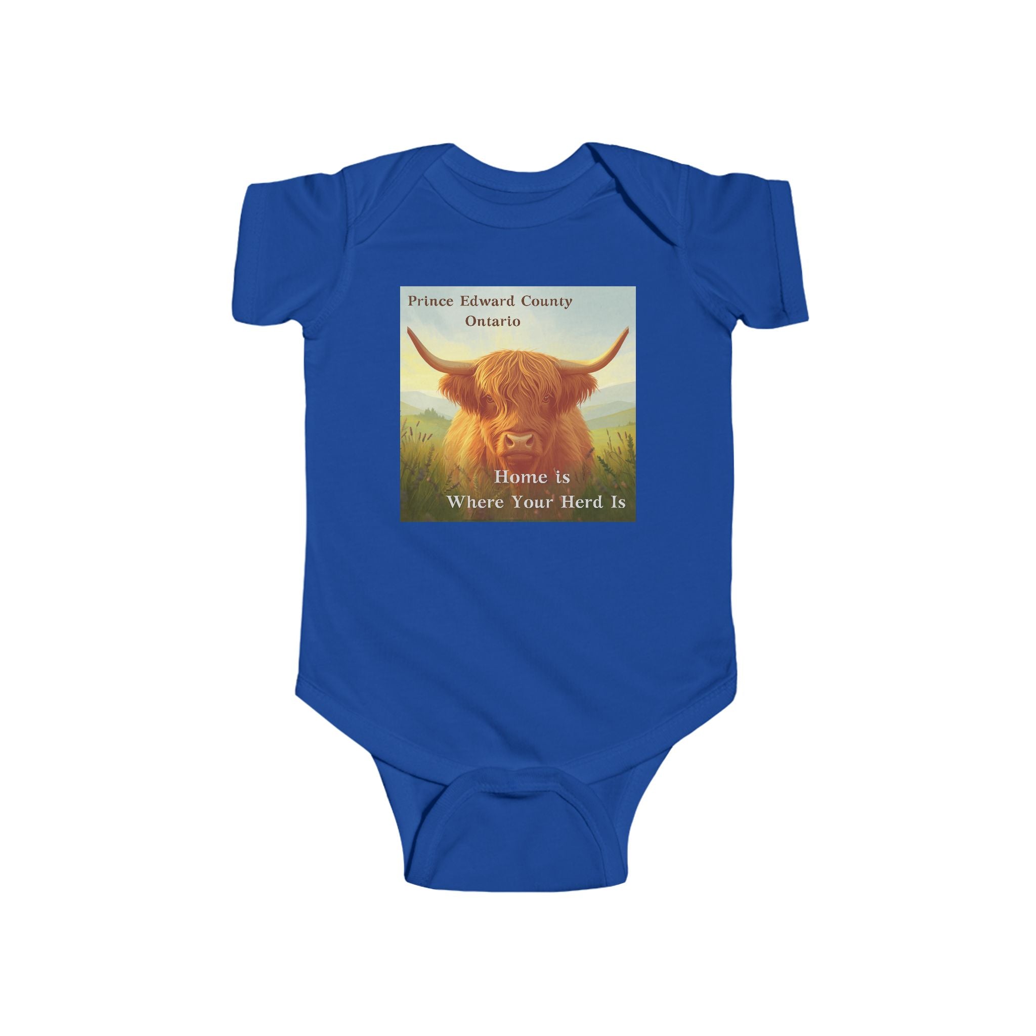 ‘Home Is Where Your Herd Is’  Highland Cow Prince Edward County Infant Onesie