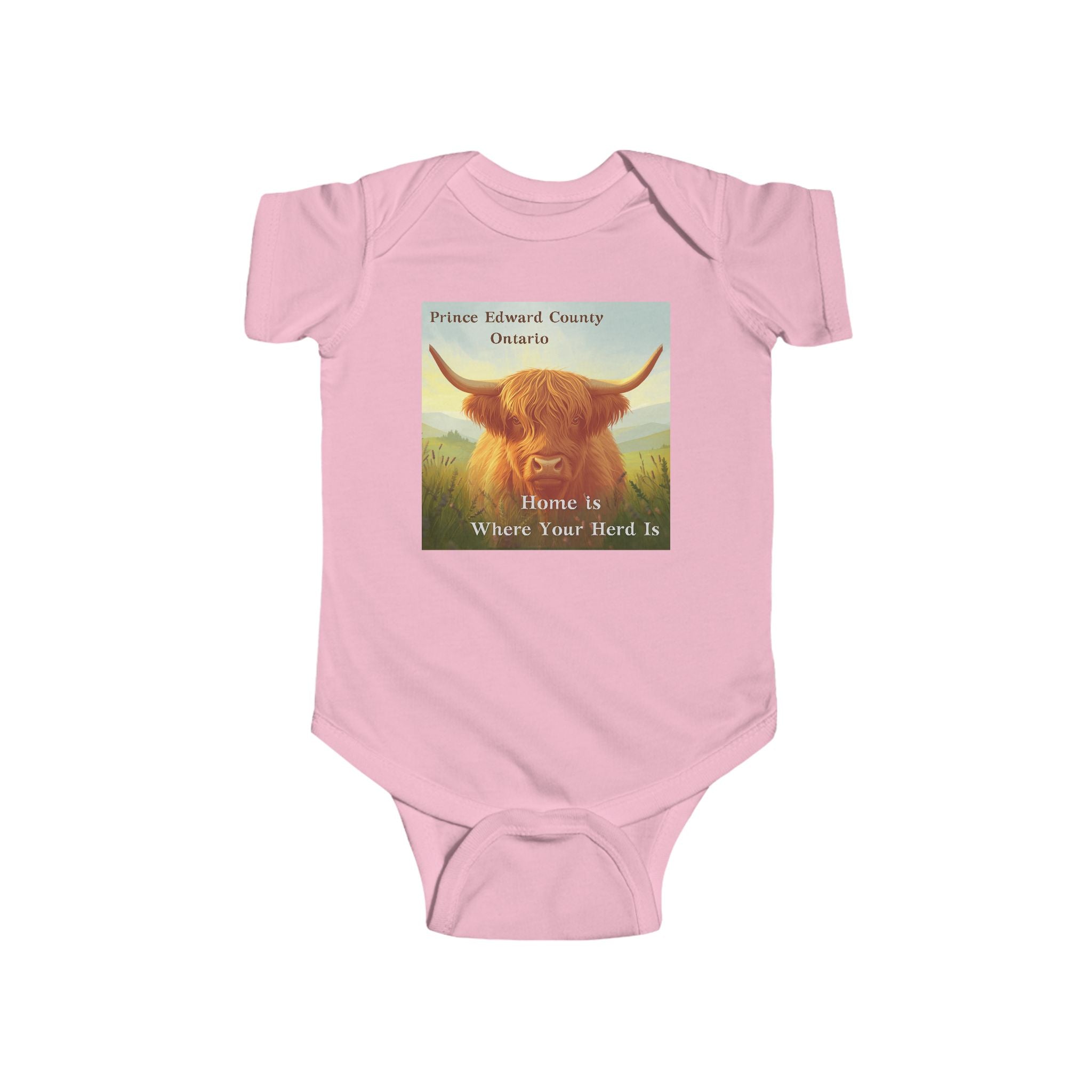 ‘Home Is Where Your Herd Is’  Highland Cow Prince Edward County Infant Onesie