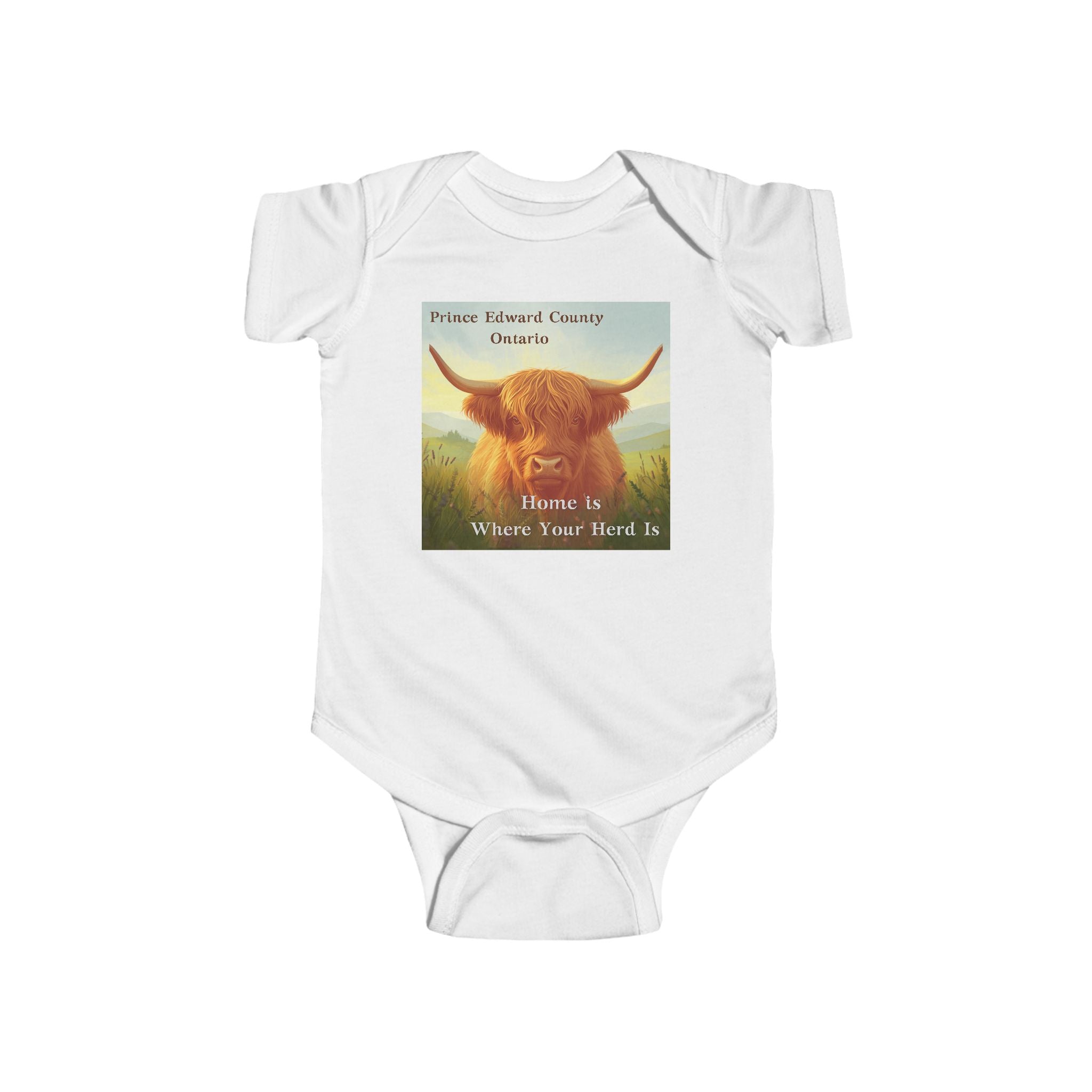 ‘Home Is Where Your Herd Is’  Highland Cow Prince Edward County Infant Onesie