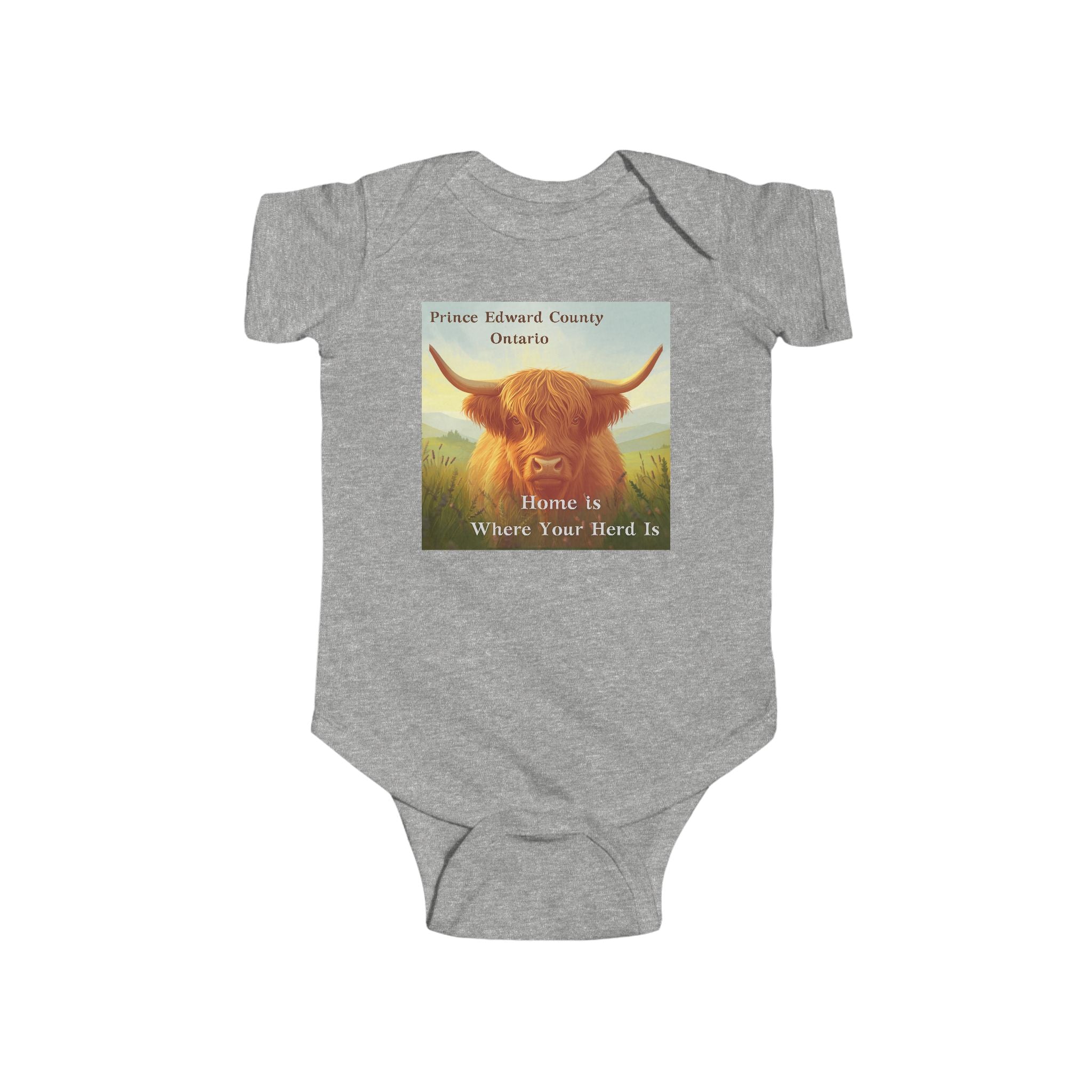 ‘Home Is Where Your Herd Is’  Highland Cow Prince Edward County Infant Onesie