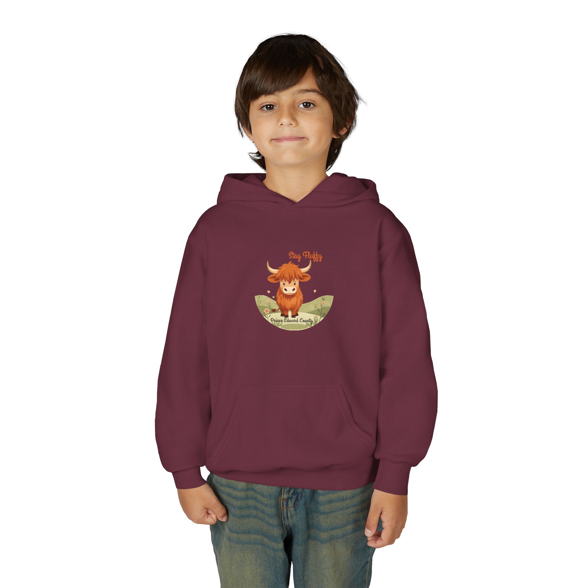 "Stay Fluffy" Prince Edward County Highland Cow Youth Hoodie